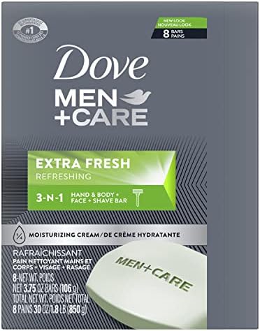 Dove Men+Care 3 em 1 barra de limpador para corpo, rosto e barbear para limpar e hidratar a pele corporal e limpador facial extra mais hidratante do que sabão de barra 3,75 oz 8 bares