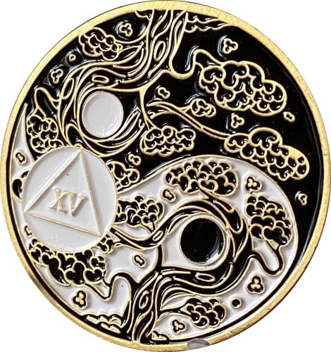 Recoverychip 15 anos AA Medallion Sakura Tree Blossom Blossom Ying Yang Medalhão de oração em preto e branco