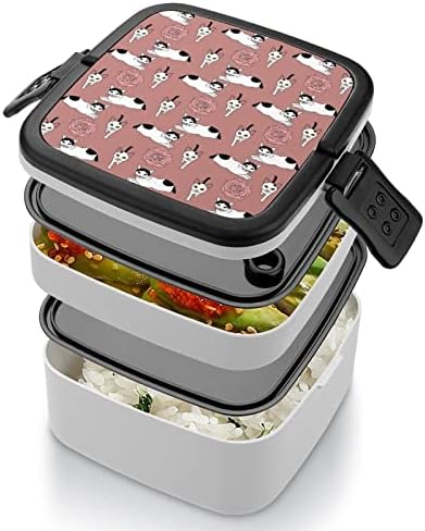 Gatos e rosas Padrão duplo empilhável Bento Lunch Box Container para viagens de piquenique para trabalho escolar