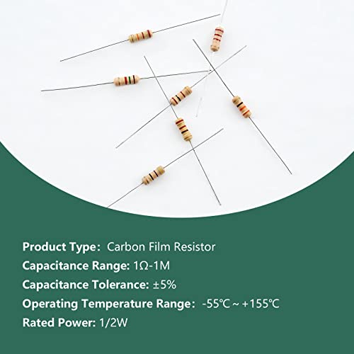 UIUSAUR 500PCS 25 Valor Kit de sortimento de resistores de filmes de carbono 1 ohm-1m ohm com 5% 1/2W para eletricidade