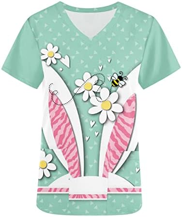 Blusas femininas para o dia da Páscoa, coelhos impressos de manga curta solta V uniforme de enfermagem de enfermagem camisetas de Páscoa