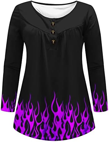 Top de túnica da chama da moda feminina para leggings com manga comprida de manga longa botão de camiseta henley camiseta