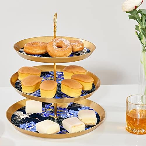 Crane Chrysanthemum Retro Cupcake Solter para pastelaria, 3 bolo de ouro de plástico em camadas Stand para mesa de sobremes