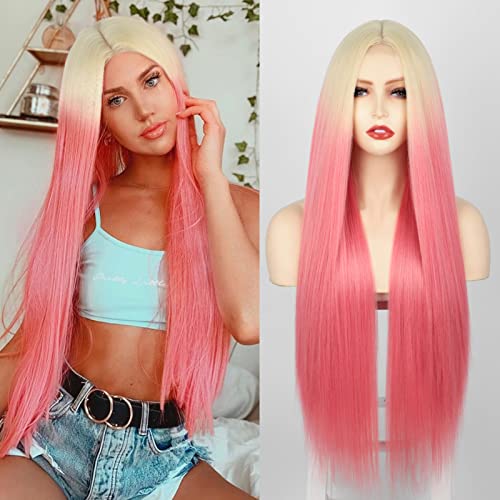 Perucas de cabelo lisadas longas e gloriosas para mulheres de 30 polegadas ombre sintéticos de peruca rosa clara com raízes loiras partes de cosplay de raízes médias para uso diário de festas