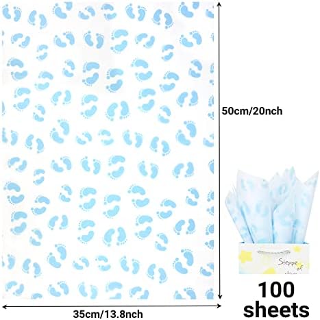 100 lençóis 20 * 14 polegadas de papel de papel de seda de pés de bebê, papel de papel de presente azul bebê para sacos de presente para chá de bebê, aniversário, artesanato de bricolage
