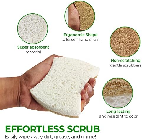 Esponja de cozinha natural biodegradaável - esponja de lavador de celulose e coco compostável - pacote de 12 esponjas ecológicas para