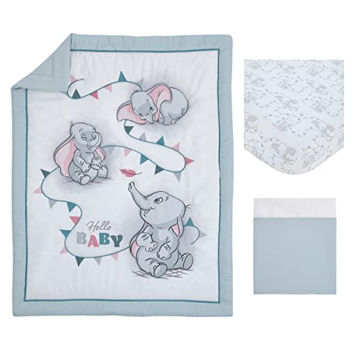 Disney Dumbo Hello Baby Grey e White Circus Banner 3 Peças Conjunto de cama de berço - Consolador, folha de berço ajustado e saia de berço