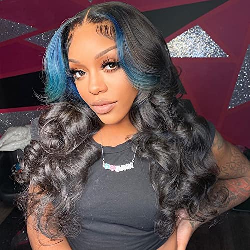 Yimisunny Skunk Strip Human Human Lace Front Wigs para mulheres negras 13x4 ondulada com destaques azuis Raia de cabelo HD HD