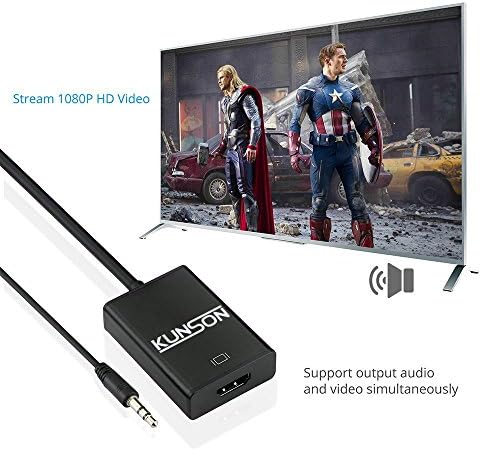 KUNSON VGA TO HDMI Adaptador Conversor de cabo de adaptador com suporte de áudio para HDTV PC, conversor feminino de