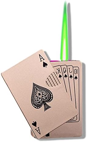 Torch Butane isqueira, metal poker cool design mais leve, chama verde recarregável à prova de vento, isqueiro, externo, interno, acampamento,