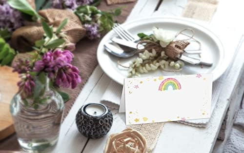 Coloque os cartões para casamento, aniversário ou festa, nomes preenchidos com arco-íris, cartões de mesa dobráveis, 25 pacote,