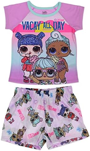 LOL. Surpresa! Conjunto de pijama de 2 peças de meninas, camisa de manga curta e shorts, poliéster