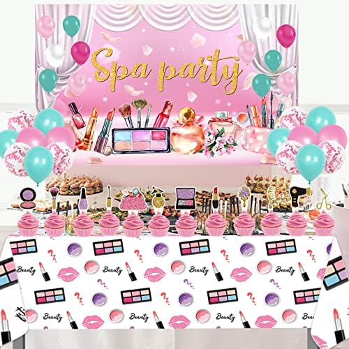 Os suprimentos de festas de decoração de festa de spa para meninas incluem bolo de bolo, toppers de 12 cupcake, 18 balões de látex, cenário de spa, 1 toalha de mesa, 1 banner.
