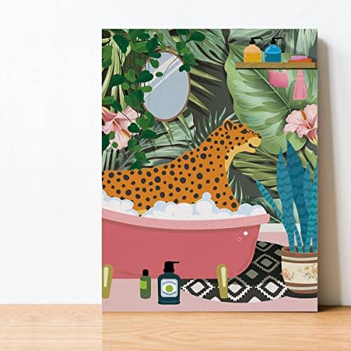 Leopardo em Bathtub Canvas Poster Pintura Arte da parede do banheiro, Botânica Picture Picture Obra de arte emoldurada pronta para pendurar para banheiro decoração de parede de banheiro 12 x 15 polegadas