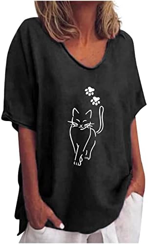 Tops de linho de algodão Mulheres gatos fofos impressos de manga curta Túnica de túnica de verão FIT Crewneck camisas