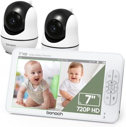 monitor de monitor de bebê Bonoch + Monitor de bebê com 2 câmeras, 7 720p Video Baby Monitor com câmera e áudio sem wifi, visão noturna, bateria de 22h, 1000 pés de longo alcance, 4x zoom de áudio de áudio de nádega de nádega de áudio