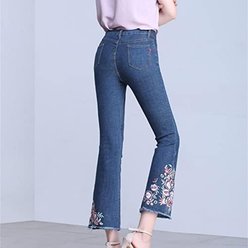 Maiyifu-gj feminino floral bordado skinny flare jeans jeans alta cintura sino calça jeans de jeans lavados destruídos bainha