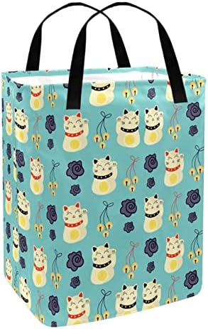 Desenho animado japonês gatos sortudos padrão floral impressão cesto de lavanderia dobrável, cestas de lavanderia à prova d'água