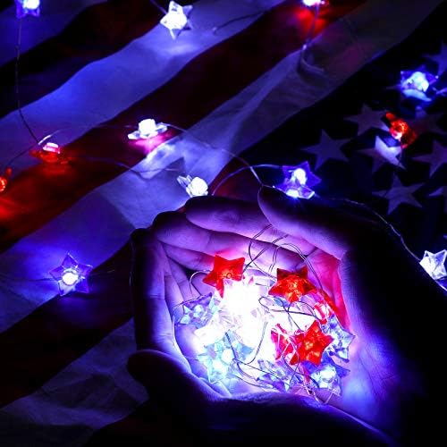HORTSUN 13 pés 40 LEDs USA STAR LUZES DE LEDOS DE LEDOS Independência Dia Patriótico Estrela Patriótica Fairy Light Bateria operada