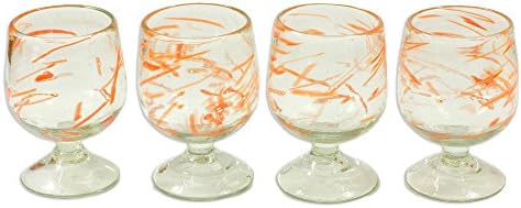 Novica soprada à mão Orange Recycled Glass Wine Glasses, 9 onças 'Sumet Wind'