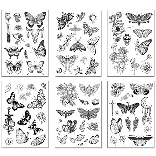 Casciybo Butterfly Buttery Tattoos para Mulheres Meninas, 6 Fomas grandes Floras falsas Borboletas Asas de adultos realistas Tattoo