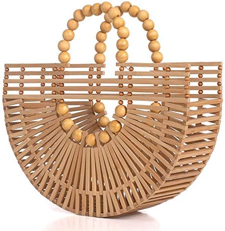 Bolsas de bambu feminino com contas de madeira, sacola de palha artesanal para a praia de verão