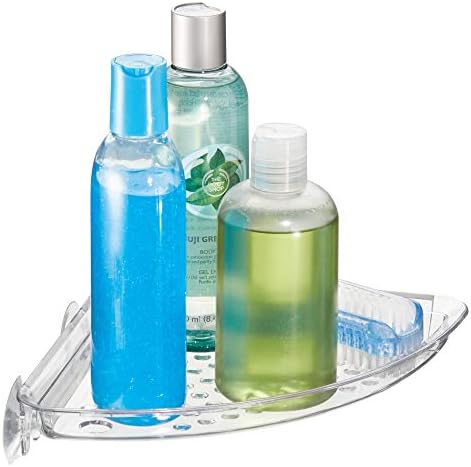 Suporte de sucção de banheiro de plástico Idesign, cesta de canto do organizador de chuveiro para esponjas, lavadores, sabão, shampoo, condicionador, 1,3 x 7,5 x 8.1 - Limpo
