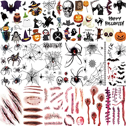 Yezunir 88+ estilos 18 folhas 3d Halloween Tatuagens temporárias para crianças Spider Spider Bat Witch Pumpkin Fals