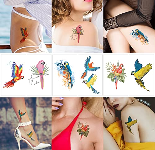 16 folhas de aquarela papagaio pássaros tatuagens temporárias para mulheres meninas, colorida macaw tatuagem falsa festa favorece