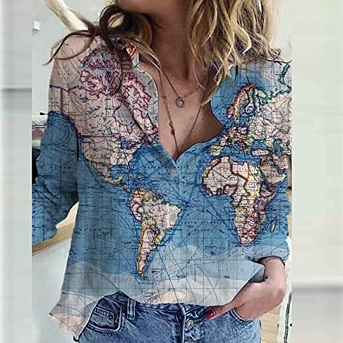 Mapa feminino mapa de impressão gráfica de linho camisas de algodão de manga comprida geometria vintage botões soltos imprimir blusa