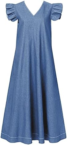 Vestidos de moda miashui para mulheres de verão jeans sólido v de pescoço boêmio tamanho solto vestidos longos vestidos de vestidos