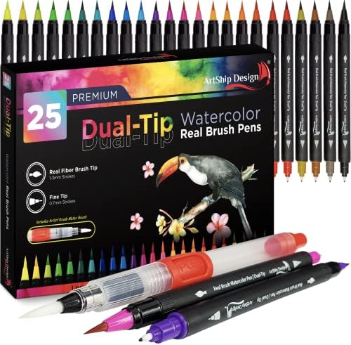 25 canetas de escova de aquarela de ponta dupla - pincéis de cerdas reais e pontas finas em cada caneta, 2 pincéis de água bônus,