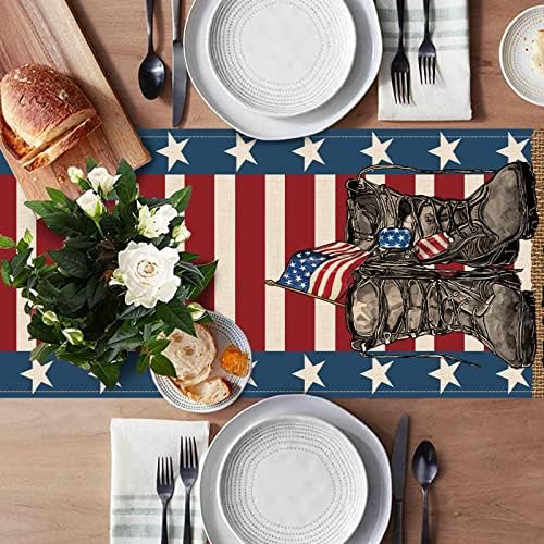 Seliem 4 de julho America Soldier Boots Patriótico Runner, estrela Stripes American Flag Memorial Day Dining Dining Table Decor,