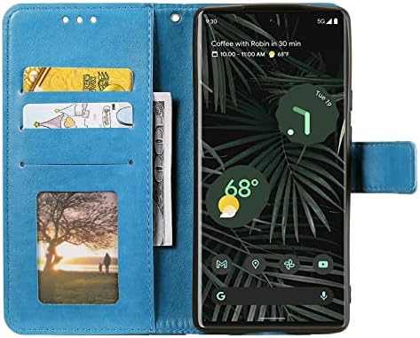 Eyzutak Case for Google Pixel 6 Pro, estojo de carteira de flip de couro premium com slots de cartas Kickstand Hand Strap Mandala Half Flower Design de capa de choque em relevo - azul