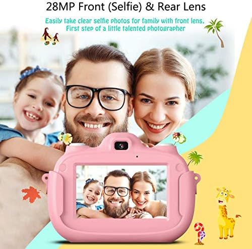 Câmera infantil WGWIOO, tela de toque de 3,0 HD 1080p 28 MP câmeras digitais duplas, câmeras de vídeo selfie recarregáveis, presente para meninos de 3-9 anos, meninas, rosa