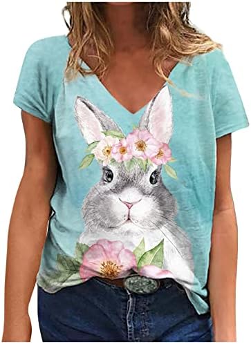 Blusa camiseta feminina de manga curta Crewneck Deep V pescoço Floral Fantas de coelhinho de animais fofos Cosplay