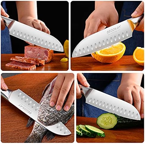 BECOKAY Facas de bife serrilhado Conjunto de 8 polegadas Santoku Knife, facas de cozinha ultraleve de cozinha, faca de chef japonesa