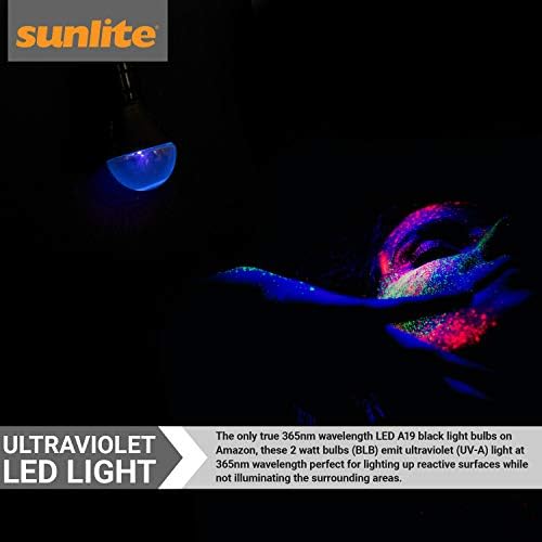 Sunlite 80114-Su Led A19 Black Bulb, 2 watts, Base média, comprimento de onda de 365 nm, festas de brilho, Blacklight Blue, Decoração, Efeitos Especiais, Aplicações de Segurança, ETL listado, 1 pacote