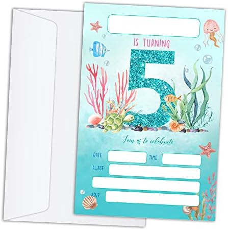Cartões de convites de aniversário com envelopes de 20 - Ocean Under the Sea 5th Birthday Party convites para crianças, meninos