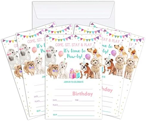 Axamdam Dog Birthday Invitations Cartões, convites de festa de pet ballon para crianças meninos e meninas, 20 cartões com 20 envelopes