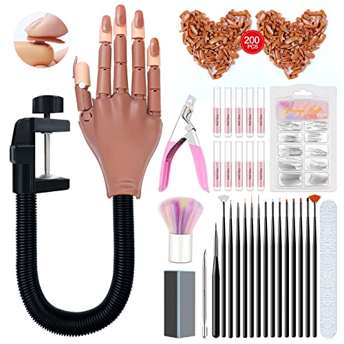 Saviland Practice Hand para unhas de acrílico, mãos falsas móveis flexíveis, kit de unhas de manicuagem para iniciantes, maniquin de unhas móveis com pontas de unha de 200 pcs, cola de unha, pincel e clipper