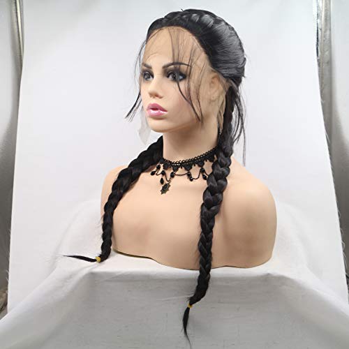Xiweiya preto tranças duplas perucas sintéticas peruca de renda sintética com fibra de fibra média de fibra de fibra média da peruca