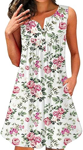 Mulheres vestidos de flor sola botão fluido para cima Rouched Midi Tank Dress Summer Summer Casual Mleesess Dress com bolso