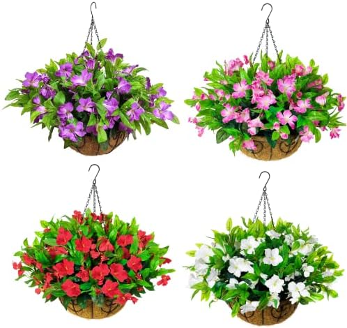Flores artificiais cestas suspensas para cobertura externa, planta falsa de seda de seda em cesta Arranjo de flores