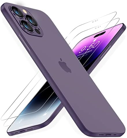 Dataaroad iPhone 14 Pro Max Slim Caso [papel-fino] 0,2 mm 6,7 polegadas, com 2 vidro temperado de protetor de tela, traseiro fino translúcido [não amarelado] Tampa de telefone ultra-protetora total [anti-Fingerprints], roxo