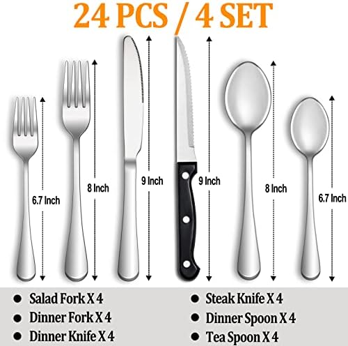 24 PCs Salheres conjuntos com serviço de facas de bife para 4, conjunto de talheres de aço inoxidável, conjunto