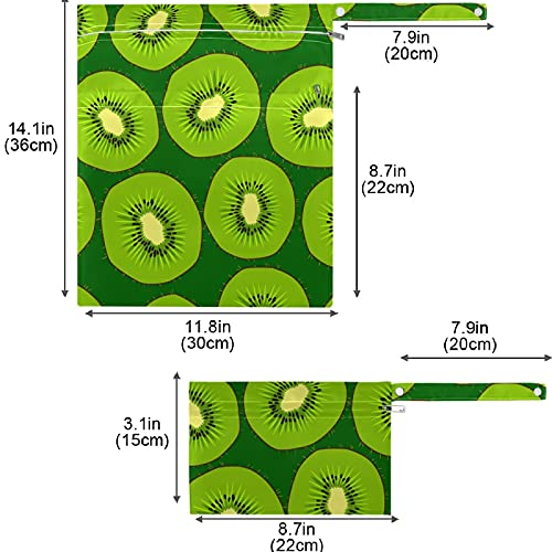 VISESUNNY Green Kiwi Fruit 2pcs bolsa molhada com bolsos com zíper bolsa de fraldas salateadas reutilizáveis ​​para viajar,