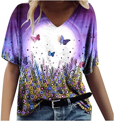 Camiseta feminina de tie floral camiseta gráfica camiseta solta ajuste manga curta v pescoço tops casuais no verão colorido