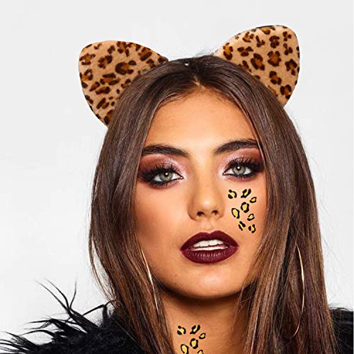 PANDECOR CHEetah Ears Bandas e 4 peças pretas e douradas estampei tatuagens temporárias, tatuagens temporárias e faixa para a cabeça para figurinos de leopardo de Halloween