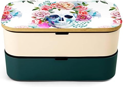 Skull and Flowers Day of the Dead Double Cayer Bento lancheira com utensílios de utensílios em contêiner de almoço inclui